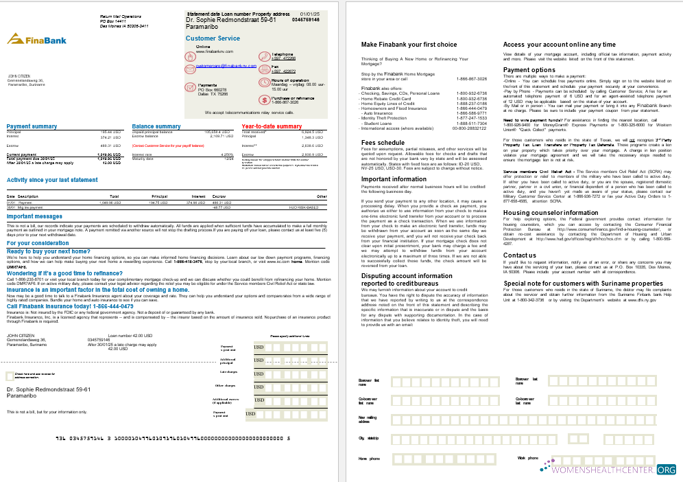 Download Suriname Finabank bank mortgage statement in Word and PDF formats, 2 pages Photoshop template